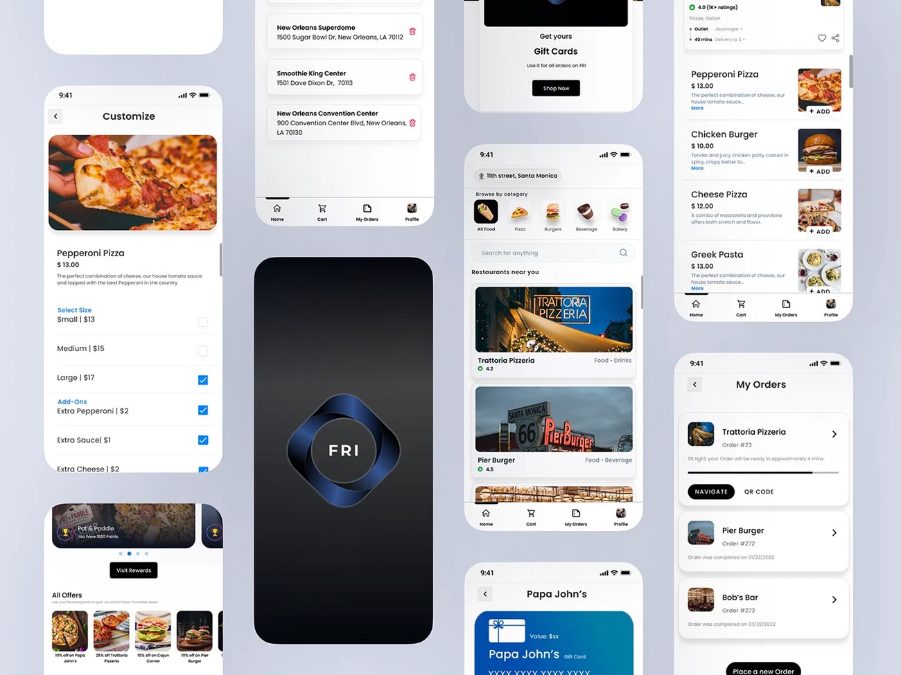 FRI Client app screens: location picker, restaurant browsing, order customization, order history, and rewards