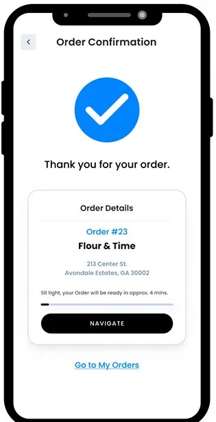 Order confirmation screen with order details and navigation