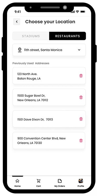Choosing a location, toggling between Stadiums and Restaurants