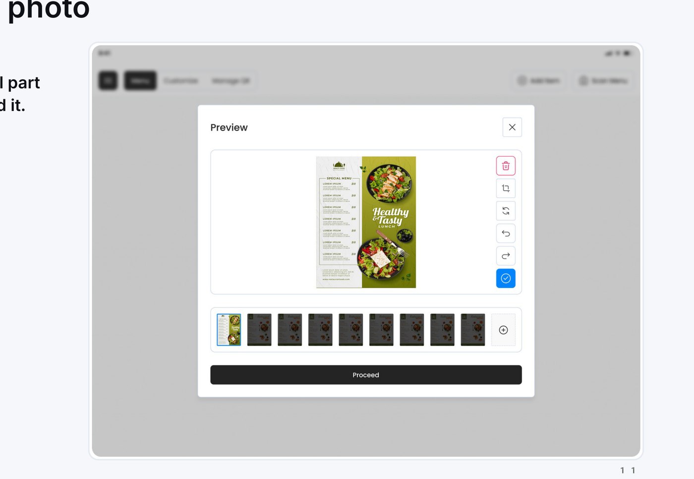 FRI AI menu setup screen showing a scanned paper menu being converted into digital items