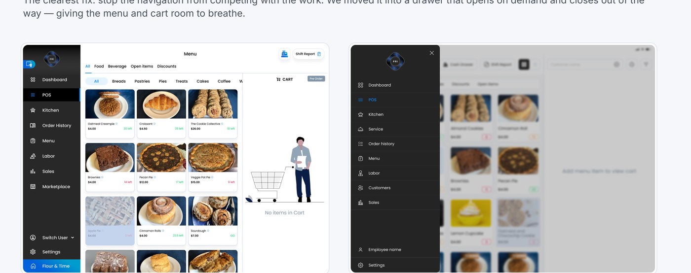 Side by side comparison: permanently docked sidebar versus a collapsible on-demand drawer
