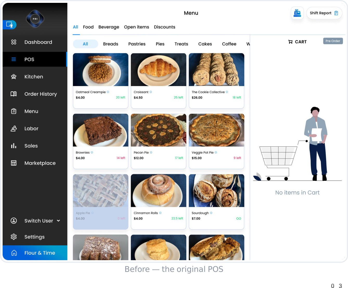 The original FRI POS, showing a permanently docked sidebar and menu grid