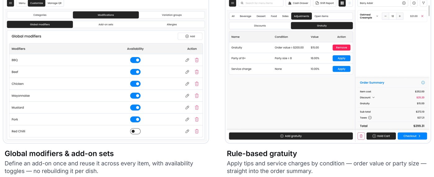 Global modifiers setup screen and rule-based gratuity screen, side by side