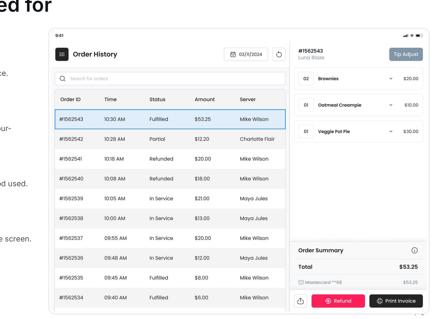FRI Order History screen showing a searchable order log and payment detail panel