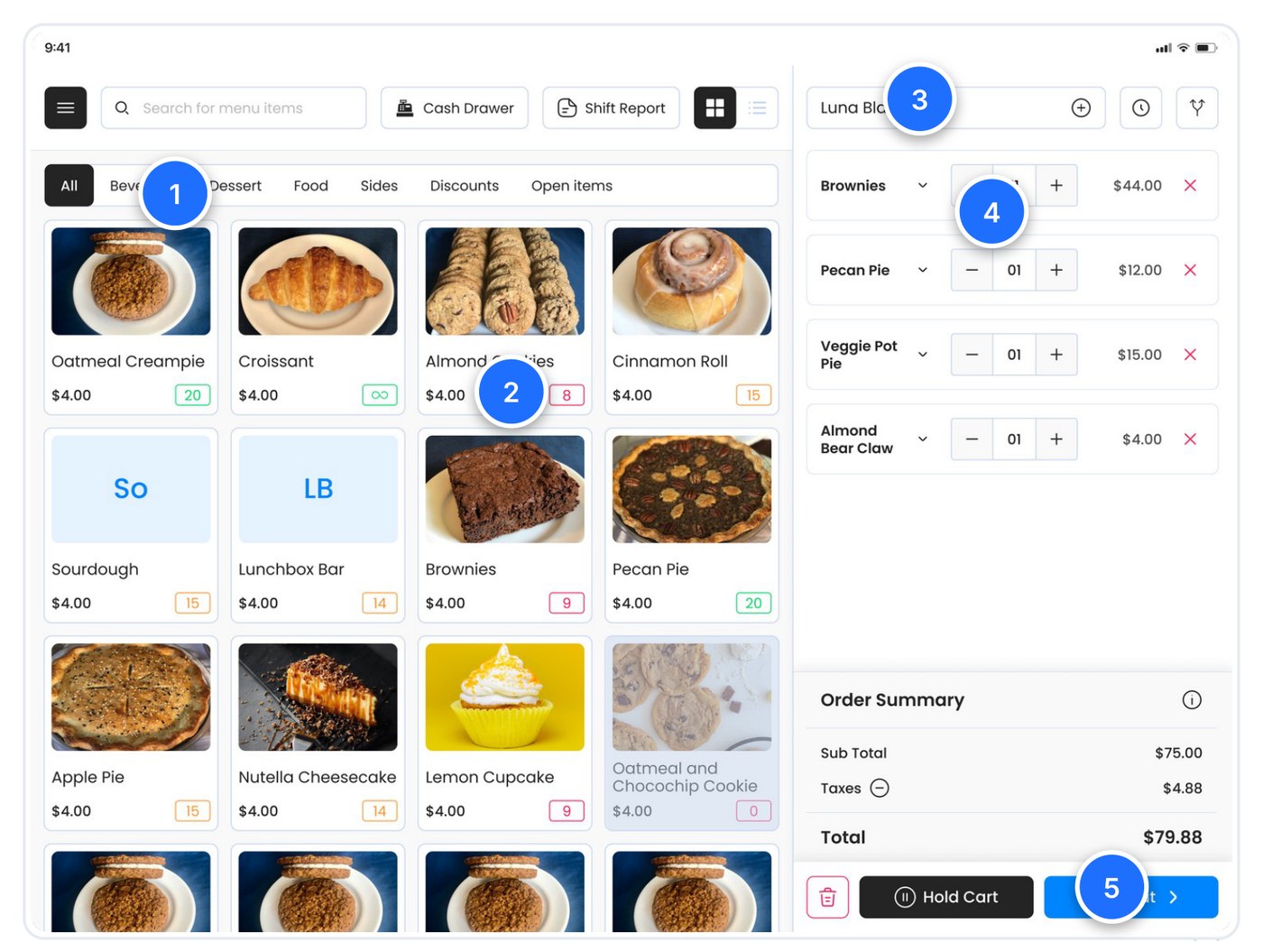 FRI POS screen with numbered callouts for category filters, stock badges, customer assignment, quantity controls, and checkout