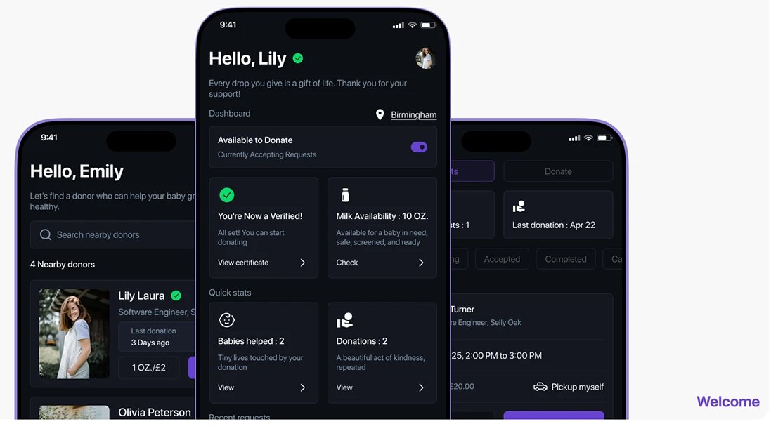 Mamatva app screens: donor dashboard and donor search