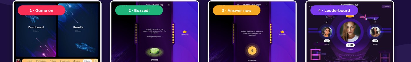 The Buzzer game flow: Game on, Buzzed, Answer now, and Leaderboard screens