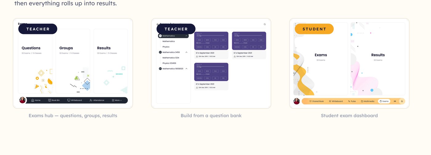 Exams hub, building from a question bank, and the student exam dashboard