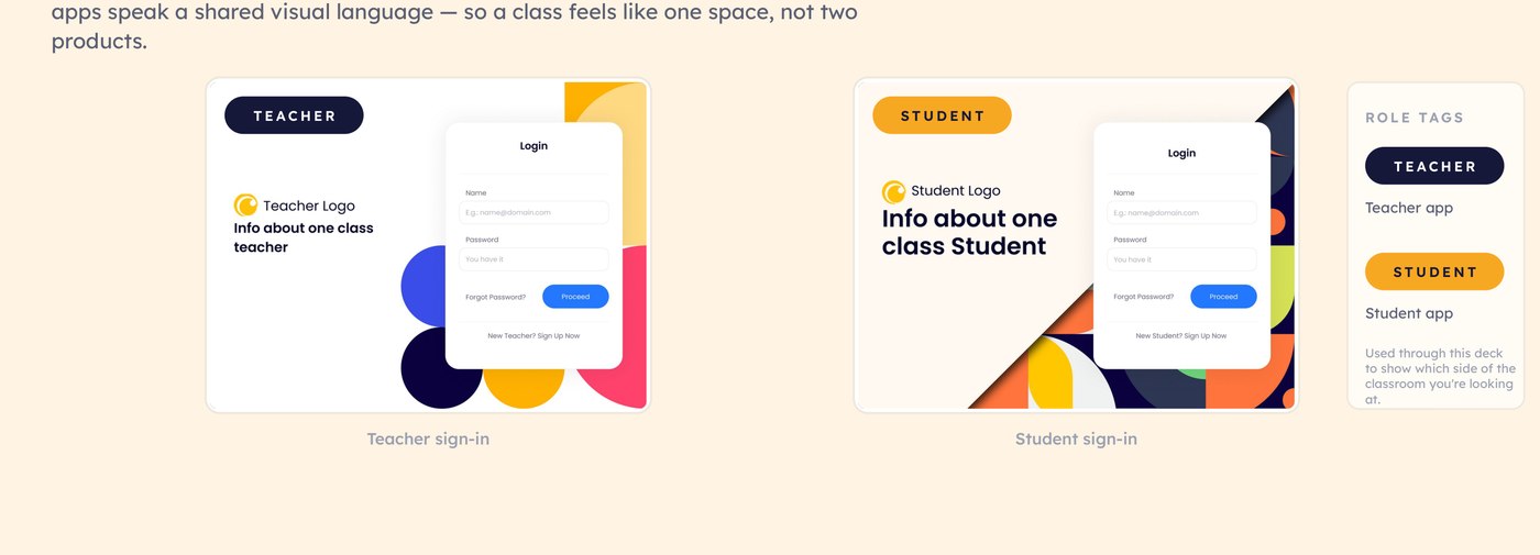 Teacher sign-in and student sign-in screens, sharing the same visual language