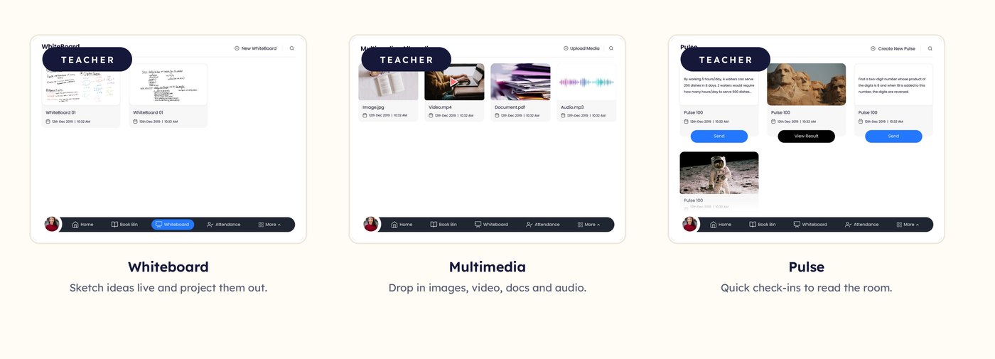 Whiteboard, Multimedia, and Pulse tools in the ONE.class teacher app