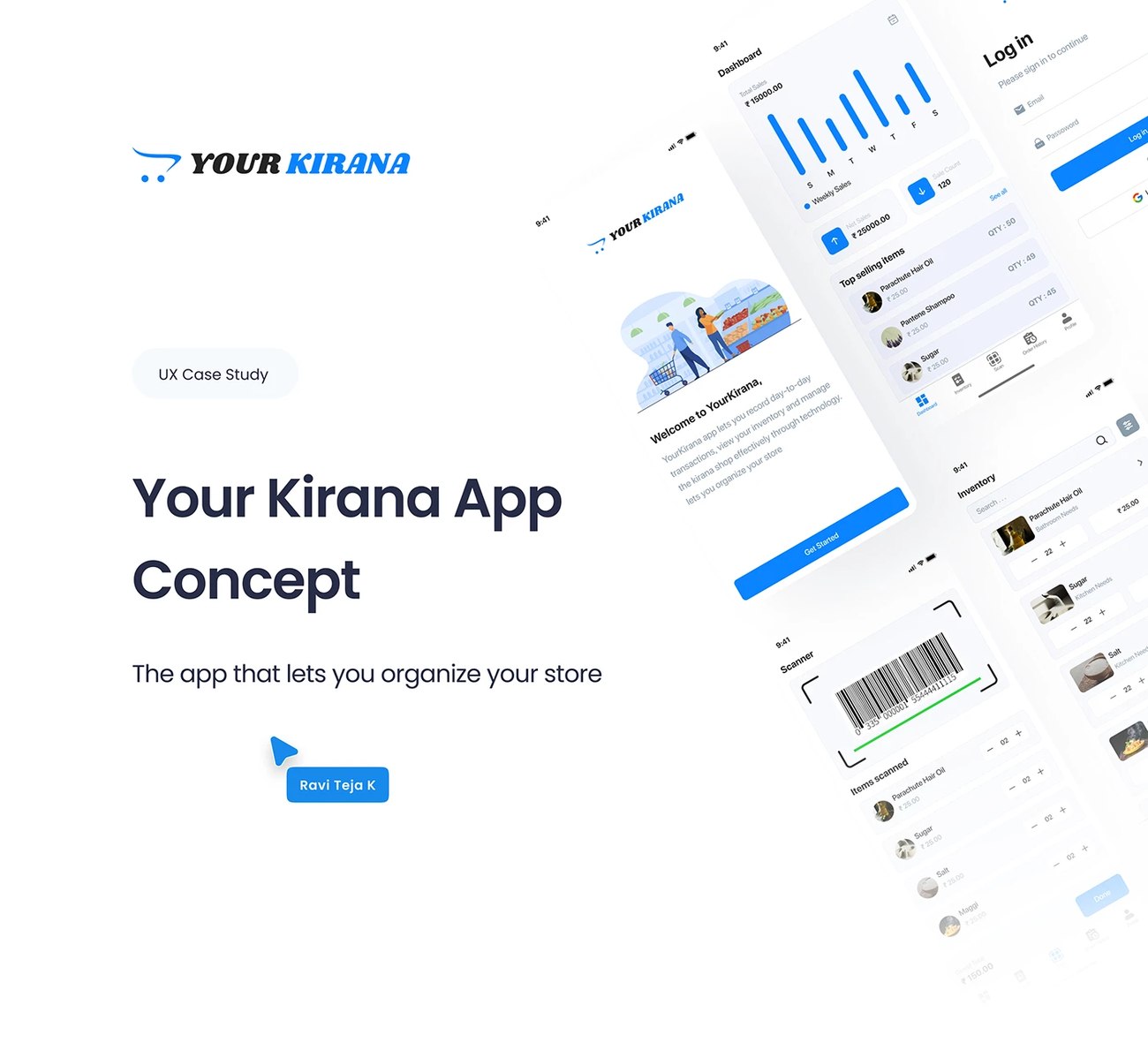 Your Kirana app dashboard, login, and barcode scanner screens