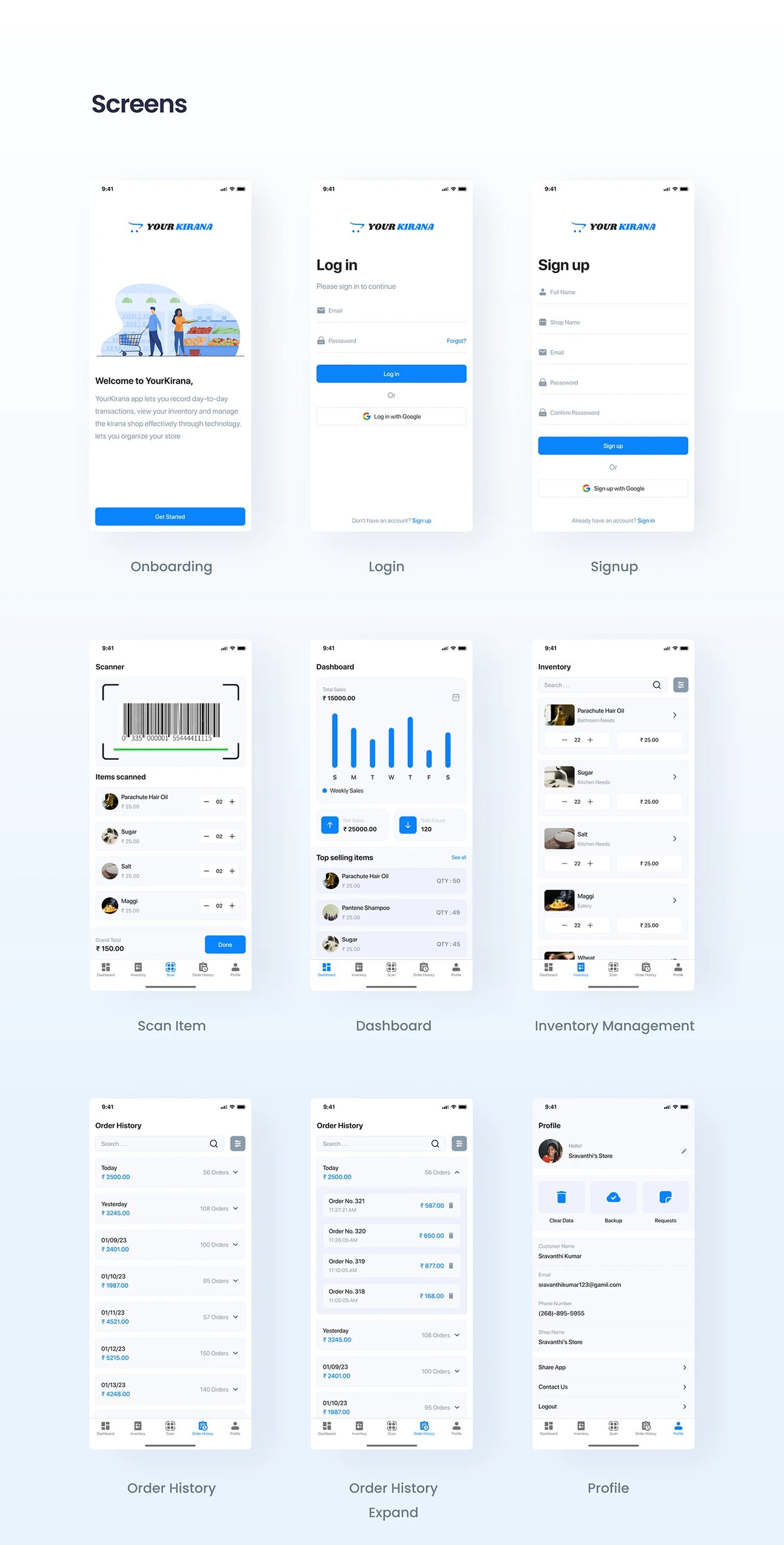 Full screen set: onboarding, login, signup, scan item, dashboard, inventory management, order history, and profile